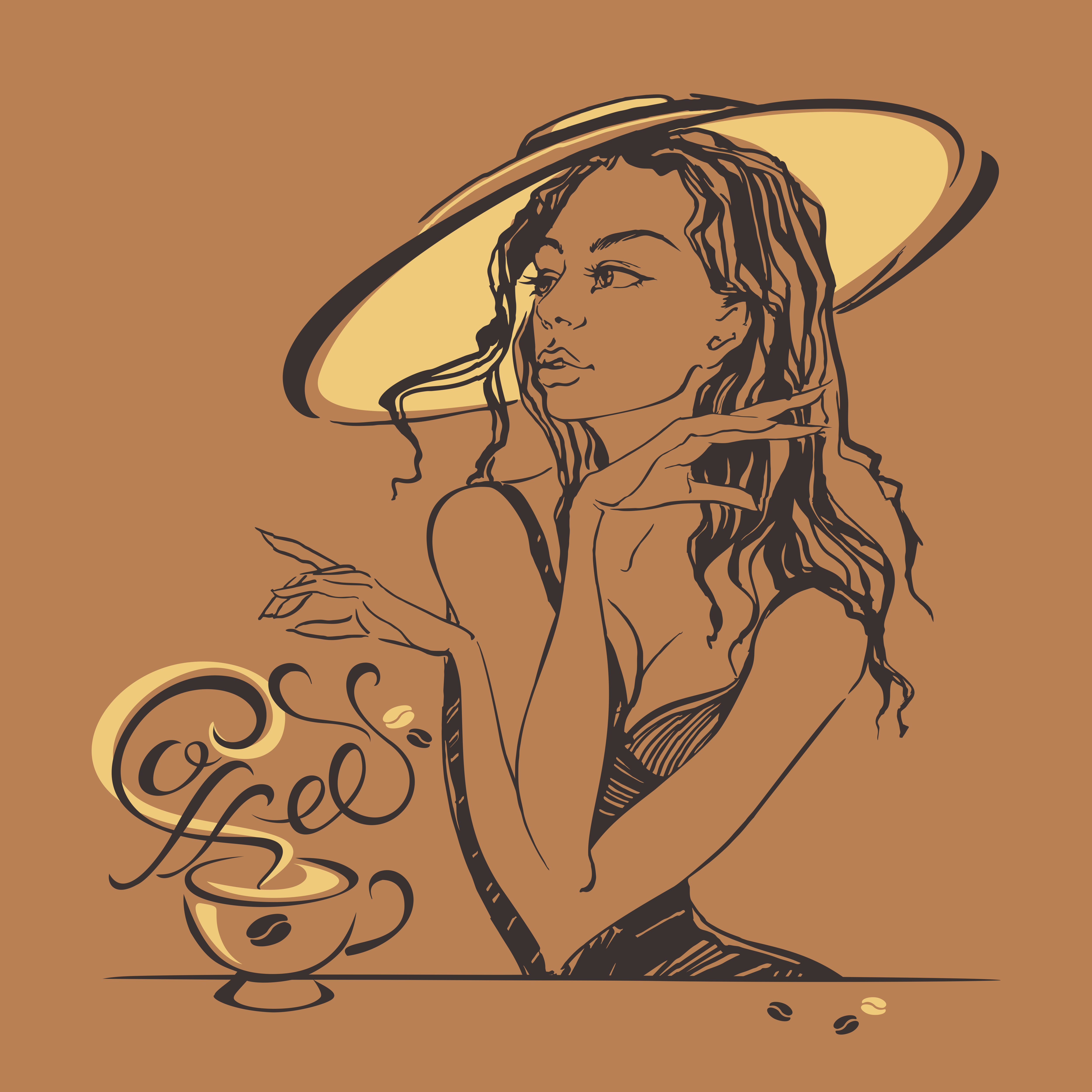 Download Elegant beautiful girl in a hat drinking coffee. Coffee-break. Lettering. vector. 624312 ...