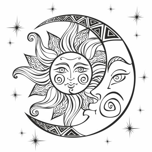 The moon and the sun. Ancient astrological symbol. Engraving. Boho Style. Ethnic. The symbol of the zodiac. Mystical. Coloring. Vector. vector