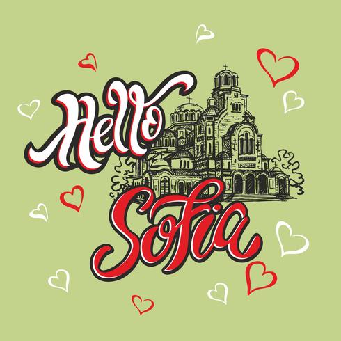 Hola sofia Viajar a Bulgaria. Letras. Bosquejo. Catedral de Alexander Nevsky. Tarjeta turística. Viajar. Vector. vector