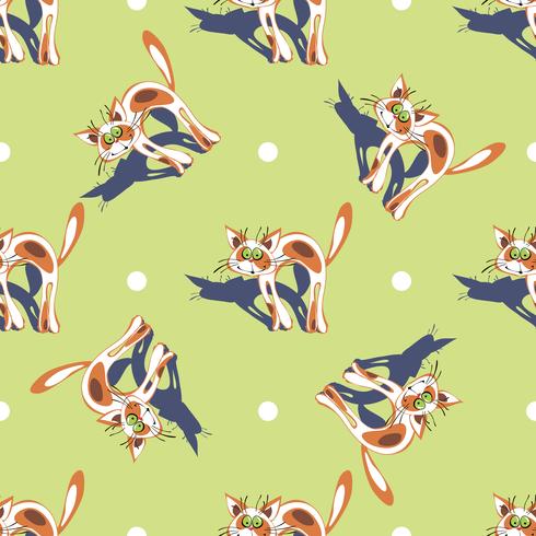 Red cat. Seamless pattern. Print. Funny cartoon kitten. Green polka dots background. Vector. vector