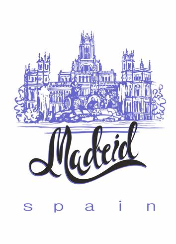 Travel. trip to Spain. City Of Madrid. Sketch. Cybele Palace and fountain at the Plaza Cibeles in Madrid, Spain.. Design concept for the tourism industry. Vector illustration.