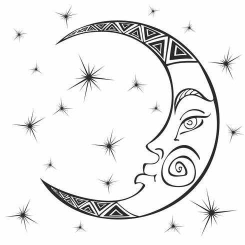 Moon. Month. Ancient astrological symbol. Engraving. Boho Style. Ethnic. The symbol of the zodiac. Esoteric Mystical. Coloring. Vector. vector