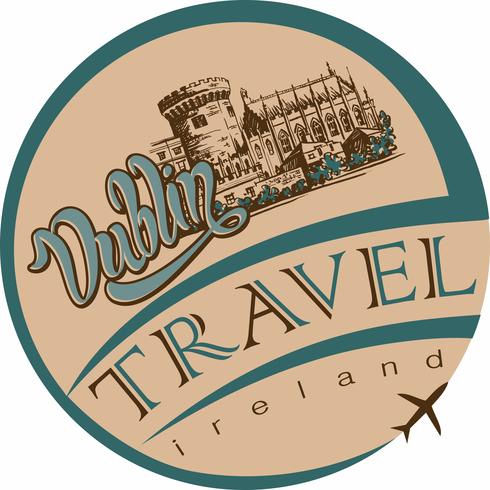 Viajar. Viaje a Irlanda. Diseño de pegatinas promocionales para la industria turística. Dublín. Bosquejo del castillo de Dublín. Aeronave. Vector. vector