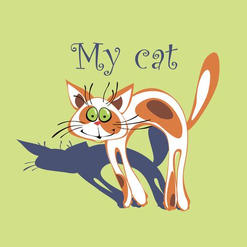 Cheerful cat with red spots on the fur. Cartoonish. My cat. Inscription.Green background. Vector. vector