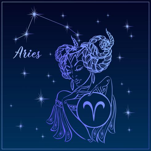 Signo del zodiaco Aries como una niña hermosa. La constelación de aries. Cielo nocturno. Horóscopo. Astrología. Vector. vector