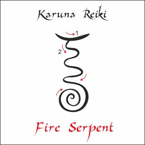 Karuna Reiki. Energy healing. Alternative medicine. Fire Serpent Symbol. Spiritual practice. Esoteric. Vector