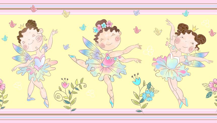 Seamless border with cute little magical fairies. Vector