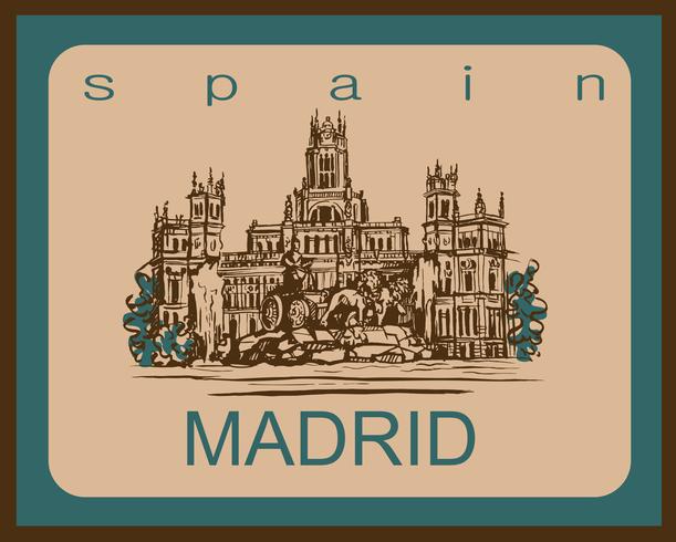 Travel. trip to Spain. City Of Madrid. Sketch. Cybele Palace and fountain at the Plaza Cibeles in Madrid, Spain.. Design concept for the tourism industry. Vector illustration.