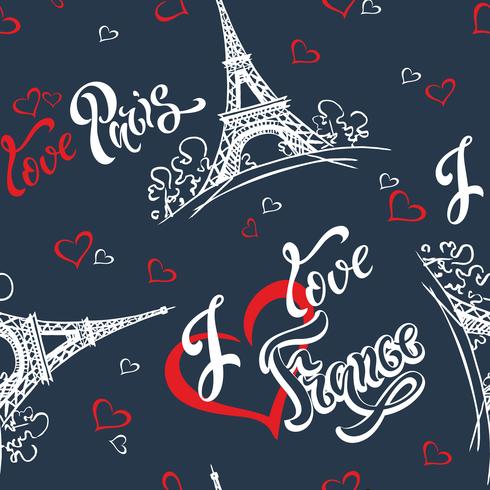 Seamless pattern. I love Paris. I love France. Stylish lettering. Hearts. Eiffel tower. Sketch. Blue background. Victor vector