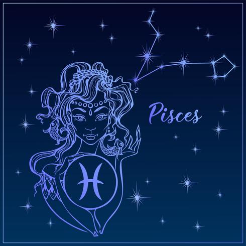 Signo del zodiaco Piscis como una niña hermosa. La constelación de piscis. Cielo nocturno. Horóscopo. Astrología. Vector. vector