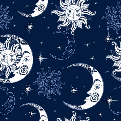 Seamless pattern. Sun moon and stars. Space background. Night sky. A magical fairy backdrop. Vector. vector