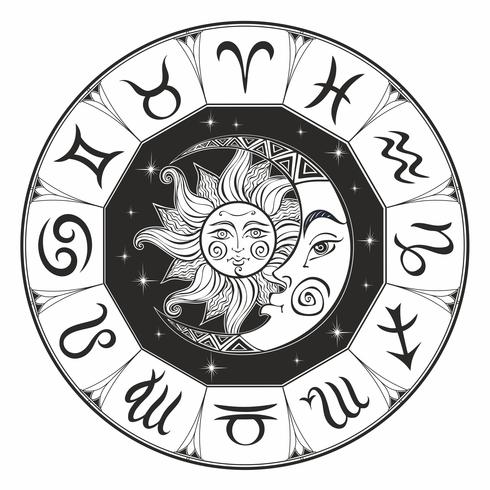 Zodíaco. Símbolo astrológico Horóscopo. El sol y la luna. Astrología. Místico. Colorante. Vector. vector