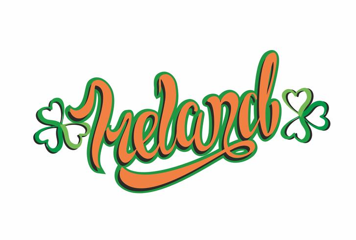 Irlanda. Letras inspiradoras. Caligrafía. Escritura de la mano Hoja de trébol. Logo. Concepto de diseño. Tarjeta de invitación. Vector