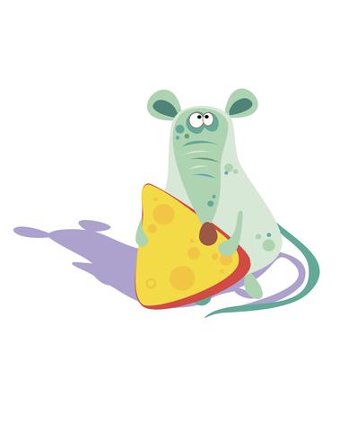 Mouse with cheese. Cheerful cartoon character. Vector illustration.