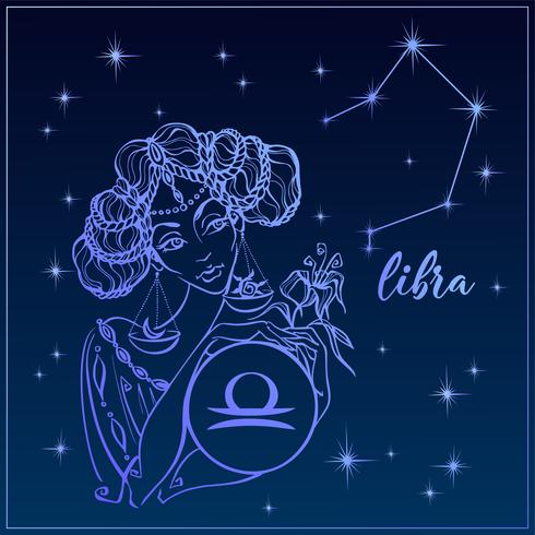 Signo del zodiaco Libra como una niña hermosa. La constelación de libra. Cielo nocturno. Horóscopo. Astrología. Vector. vector