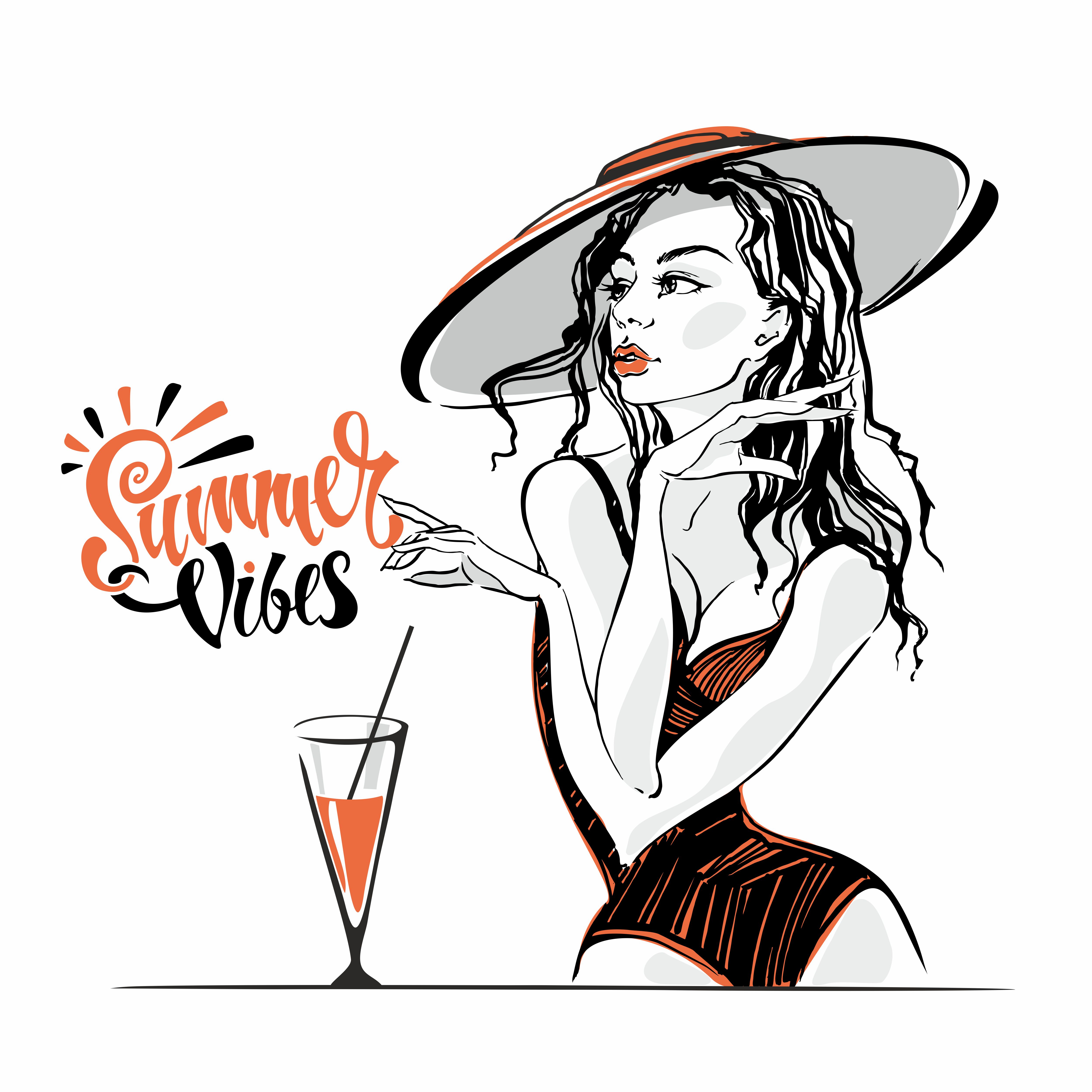 Summer vibes . Lettering. The girl in the hat and swimsuit. Vacation. Model  posing. 624457 Vector Art at Vecteezy