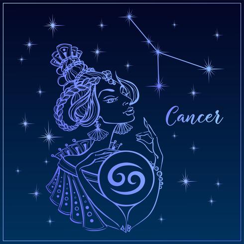 Signo zodiacal del cáncer como una niña hermosa. La constelación de cáncer. Cielo nocturno. Horóscopo. Astrología. Vector. vector