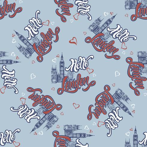 Seamless pattern.Hello London. Lettering. Sketch Big Ben. England. Blue background. Vector. vector