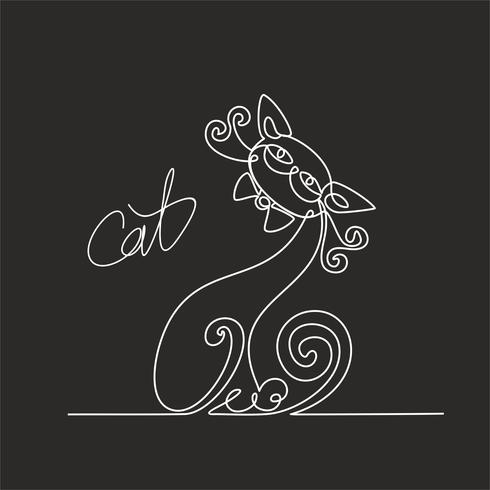 Gato. Dibujo lineal continuo. Gatito gracioso Letras. Fondo negro. El efecto del tablero de tiza. Vector. vector