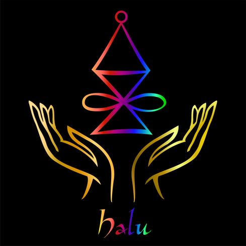 Karuna Reiki. Energía curativa. Medicina alternativa. Símbolo de Halu. Práctica espiritual. Esotérico. Palma abierta. Color del arco iris Vector