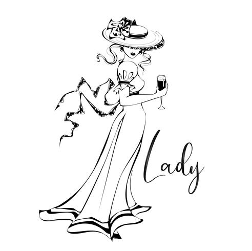 Hermosa chica en un sombrero con una copa de vino. Lady. Inscripción. vector