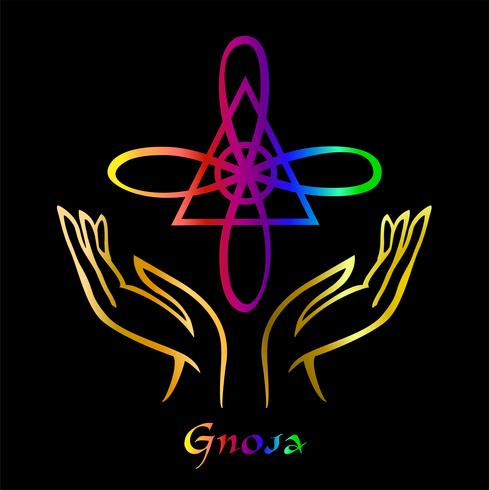 Karuna Reiki. Energy healing. Alternative medicine. Symbol Gnosa. Spiritual practice. Esoteric.Open palm. Rainbow color. Vector