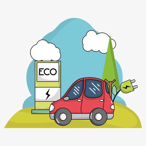 Coche eléctrico con cable de alimentación y estación de recarga de energía. vector