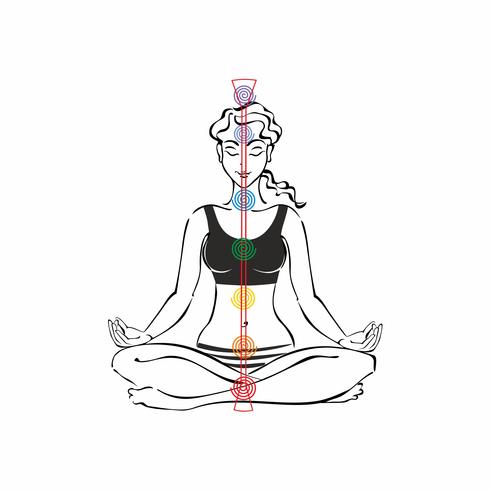 El canal energético del humano. Chakras Chica en posición de loto. Reiki. Meditación. Vector. vector