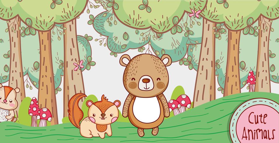 Cute bear and fox in the forest doodle cartoon