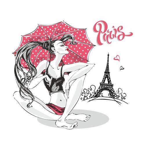Modelo de niña con sombrilla roja de lunares. Torre Eiffel de París. Estilo de moda en paris. Elegante modelo posando. Letras. Vector. vector