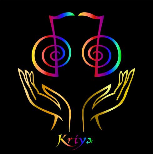 Karuna Reiki. Energy healing. Alternative medicine. Symbol Kriya. Spiritual practice. Esoteric.Open palm. Rainbow color. Vector