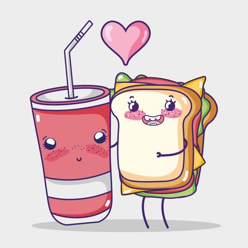 Sandwich and soda cup kawaii cartoon