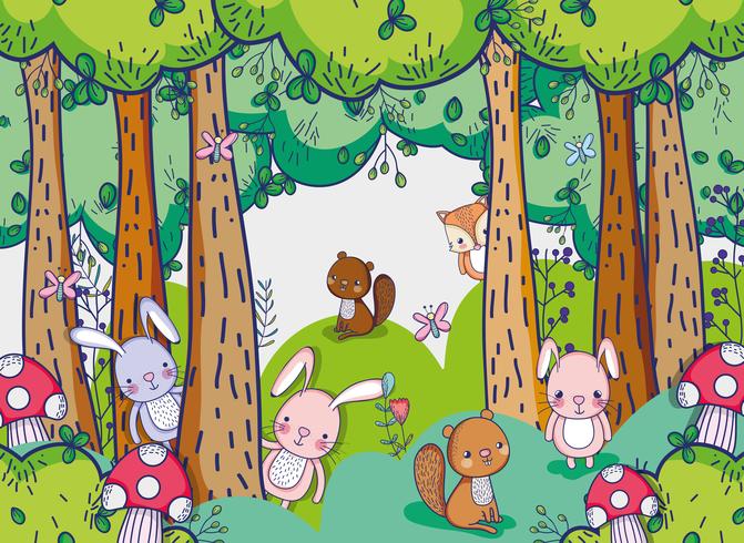 Animals in the forest doodles cartoons vector