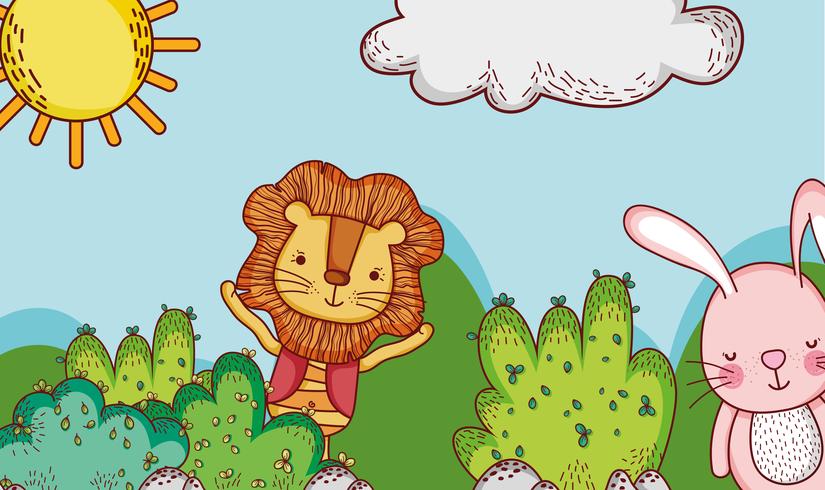 Lindo león y conejito en bosque doodle dibujos animados vector