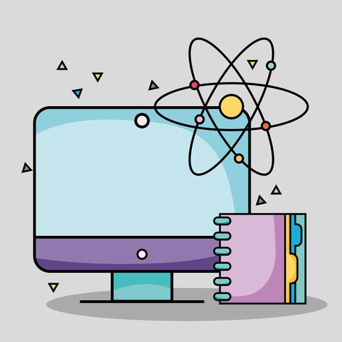 Computadora de pantalla con notebook y atomización de útiles escolares. vector