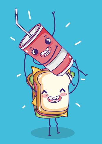 Sandwich con soda kawaii de dibujos animados vector