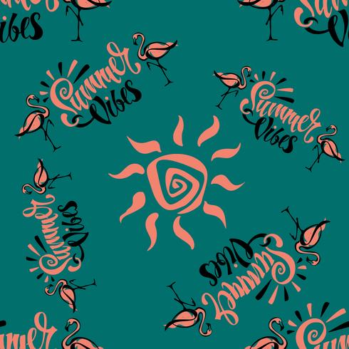 Seamless pattern. Flamingo. Summer viber. Lettering. Stylish summer print. Tropical. Green background. Vector. vector