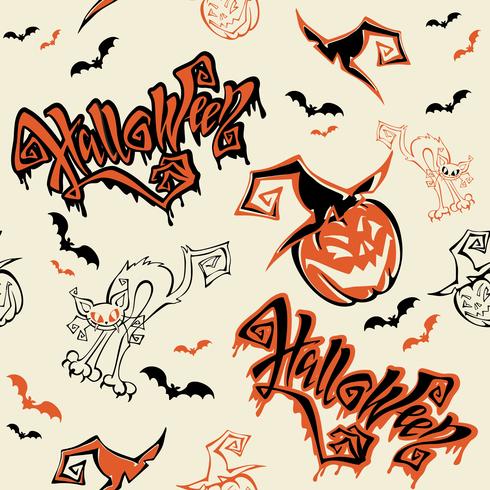 Seamless pattern. Halloween. Lettering. Funny cartoon pumpkin monster in witch hat. Bat. Cat monster. Orange background.Vector. vector