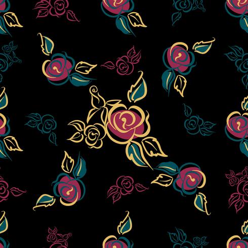 Patrón sin costuras Estampado floral. Rosas ramos de flores Decorativo. Fondo negro. Vector. vector