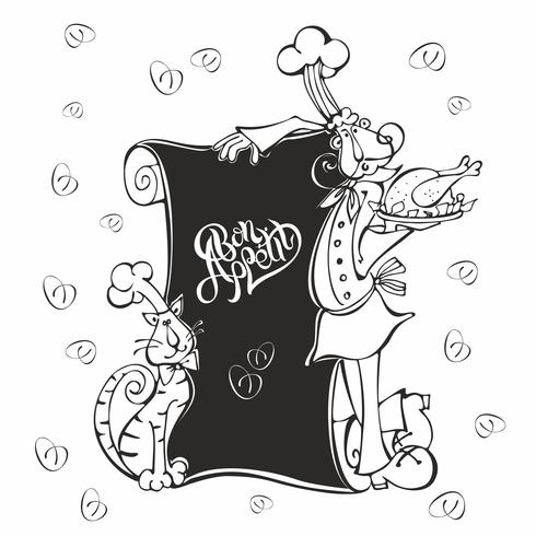 Menu. Chef and cat cook in cartoon style. Chalk on the menu Board. Bon appetit. Lettering. For children.  Vector illustration.