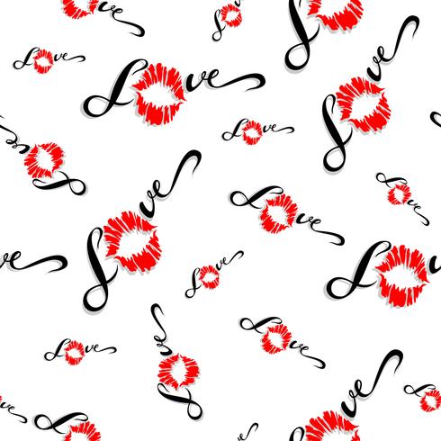 Seamless pattern. Romantic print for fabric. Love. Lettering. Kiss. Lip print. Valentine. Red. On white background. Vector. vector