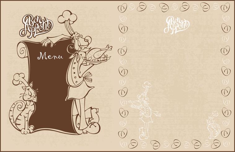 Menu for the cafe. Chef and cat cook in cartoon style. Bon appetit. Lettering. Vintage style.   Vector illustration.