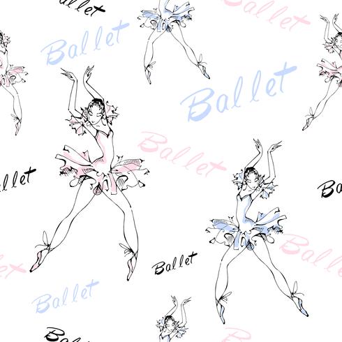 Seamless pattern. Ballet. Dancing ballerinas. Inscription. Vector illustration.