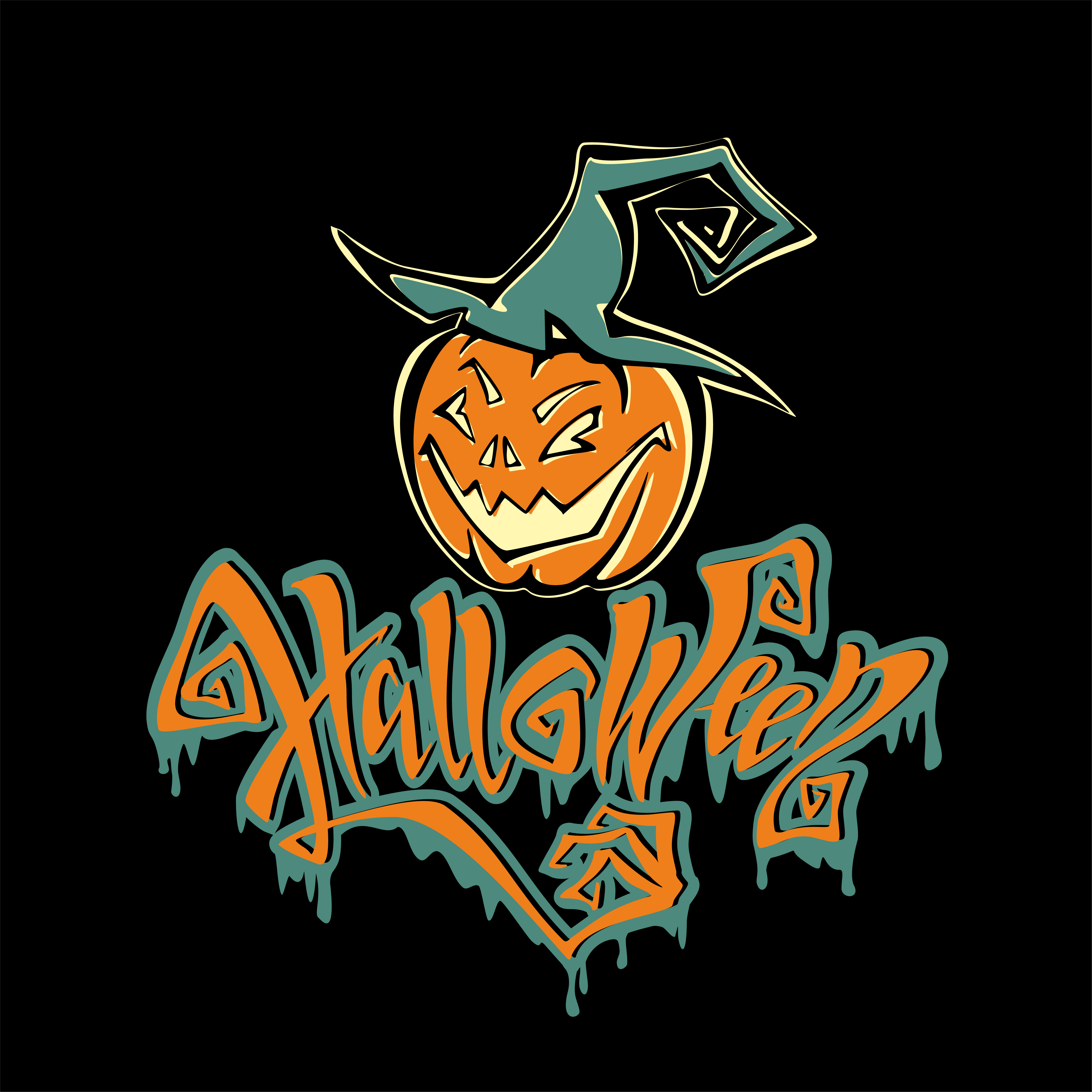 Halloween. Lettering. Funny cartoon pumpkin monster in a witch hat. A Halloween. Lettering. Funny cartoon pumpkin monster in a witch hat. A