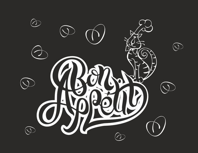 Chef kitty. Cook. Funny cat invites you to eat out. The effect of chalk on the Board. Bon appetit. Stylish lettering. Vector illustration.