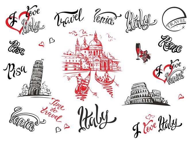 Italy. Venice, Rome, Pisa . Set of elements for design. Cathedral. Coliseum. tower of Pisa. sketches. Lettering. Gondolas. Grape. Wine. Vector illustration.