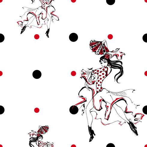 Girl dancing flamenco. Seamless pattern. Gypsy. Polka dot background. White. Vector. vector