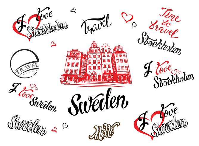 Suecia. Conjunto de elementos para el diseño. Estocolmo. Un esbozo de la arquitectura. Letras inspiradoras. Plantillas. Vector. vector