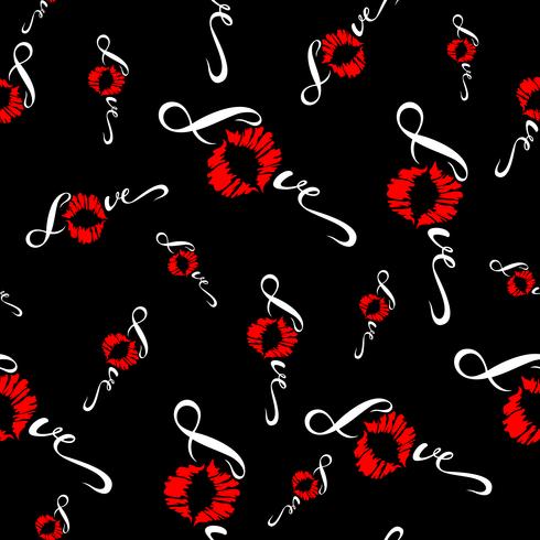 Seamless pattern. Romantic print for fabric. Love. Lettering. Kiss. Lip print. Valentine. On black background. Vector. vector