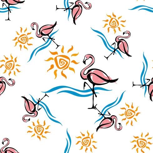 Seamless pattern. Flamingo. Sea and sun. Tropical. Summer design Vector illustration.